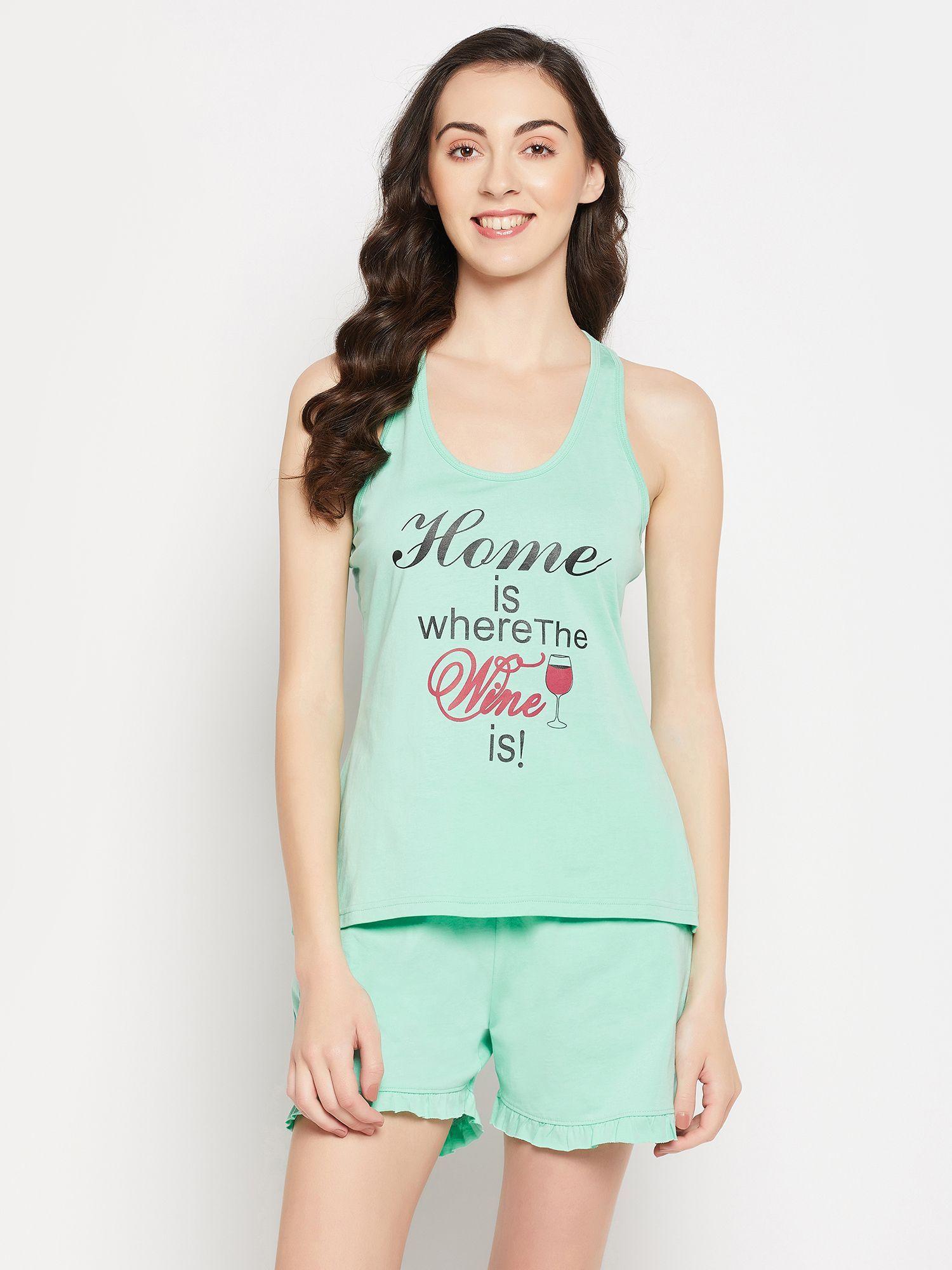 graphic & text print cami top & basic shorts set - green