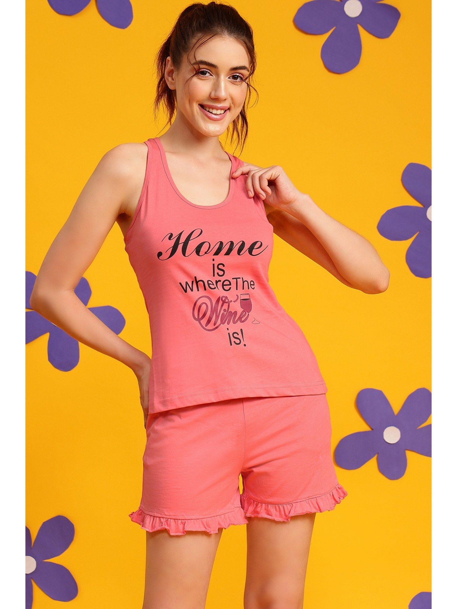 graphic & text print cami top & basic shorts set - pink