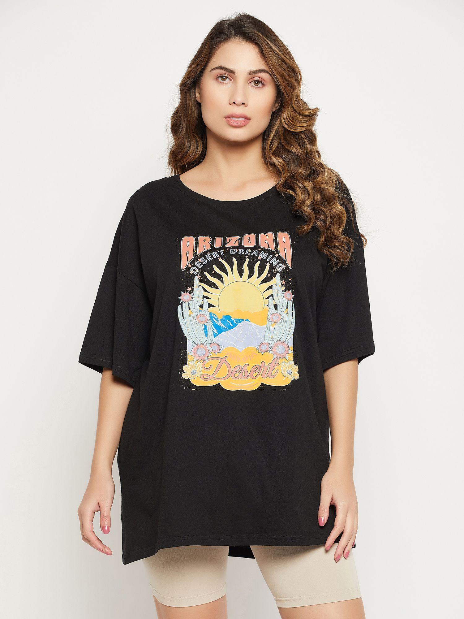 graphic & text print oversized t-shirt - 100 percent cotton -black