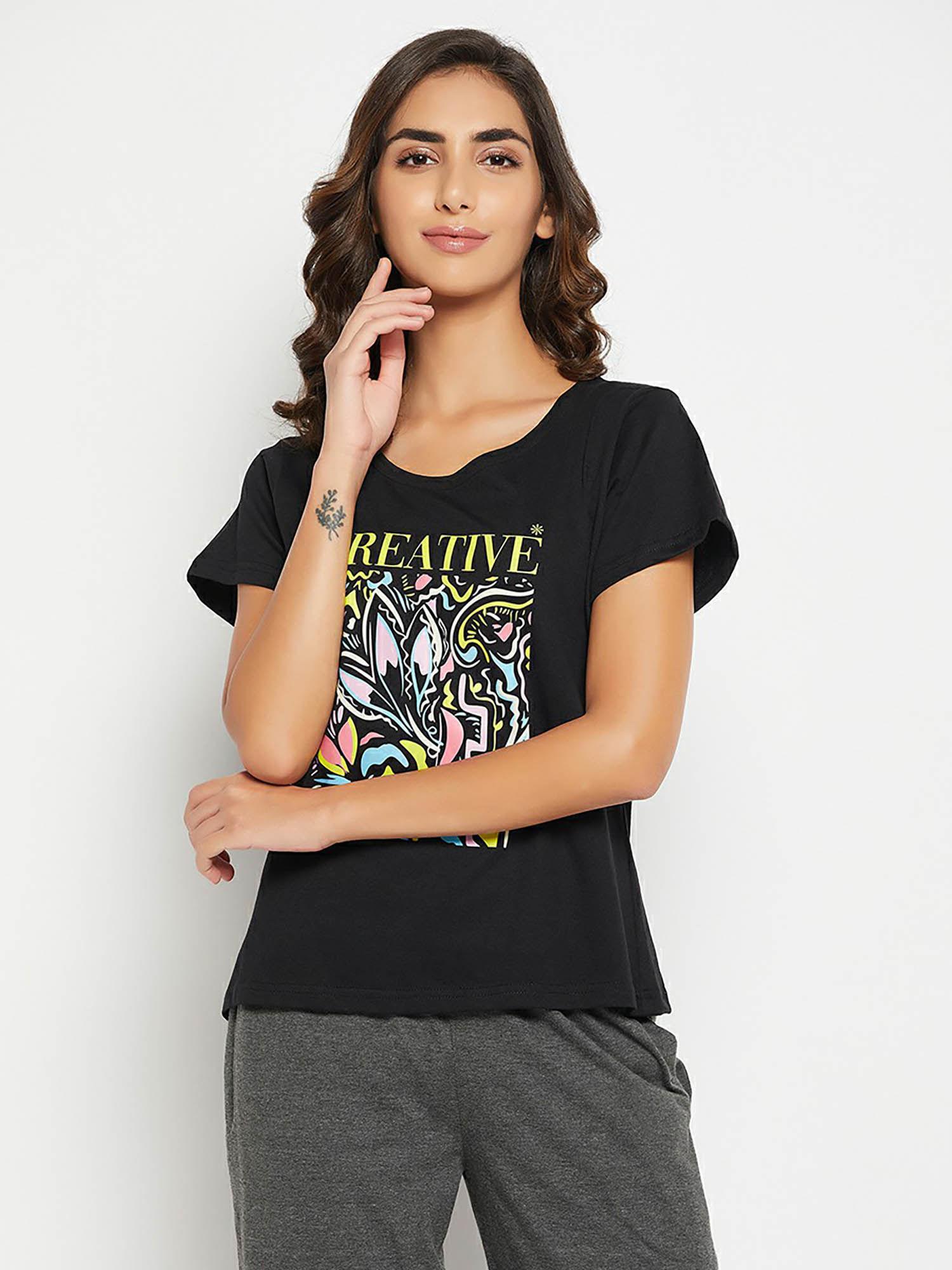 graphic & text print top in black - 100 percent cotton