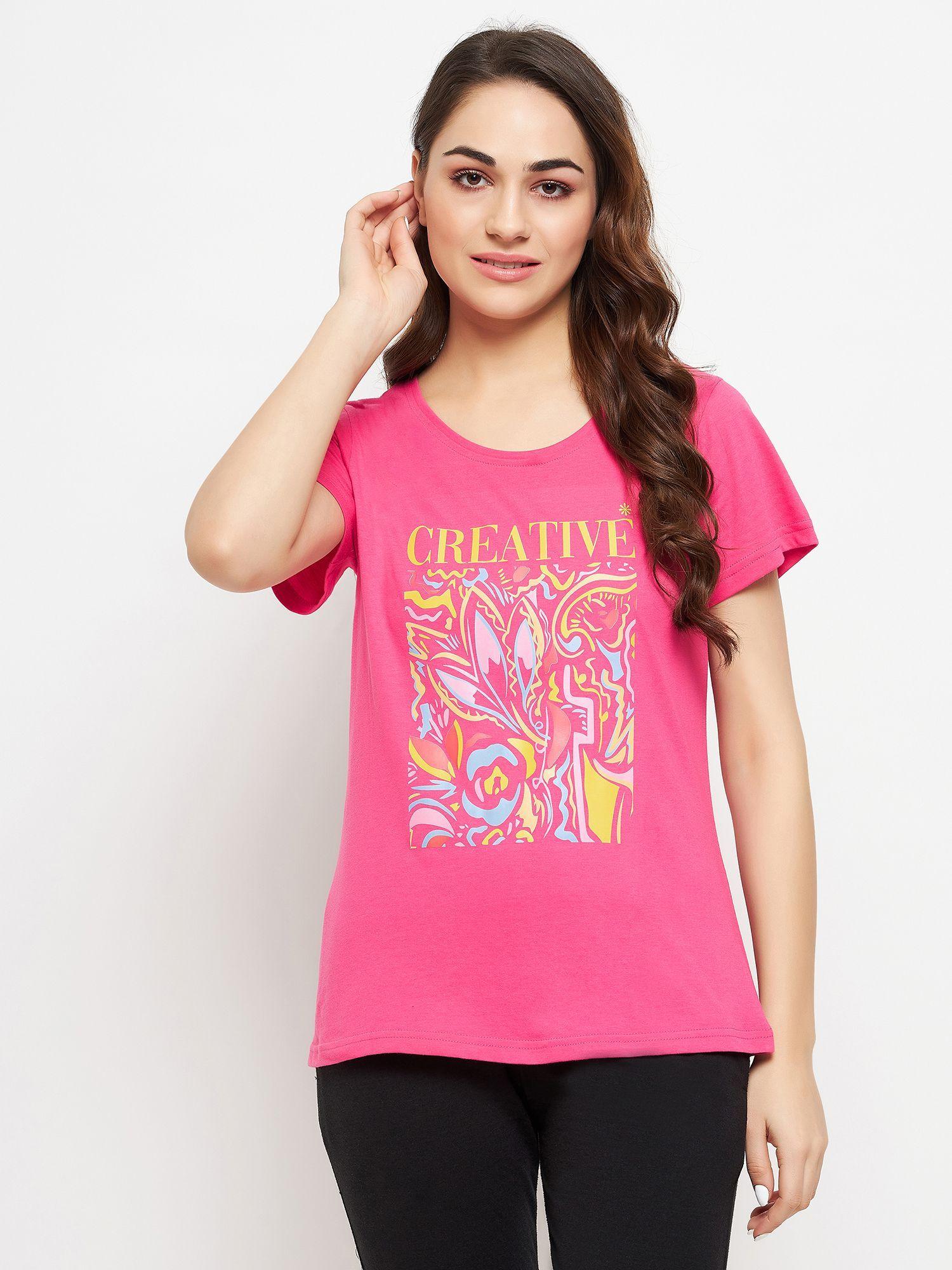 graphic & text print top in hot pink - 100 percent cotton