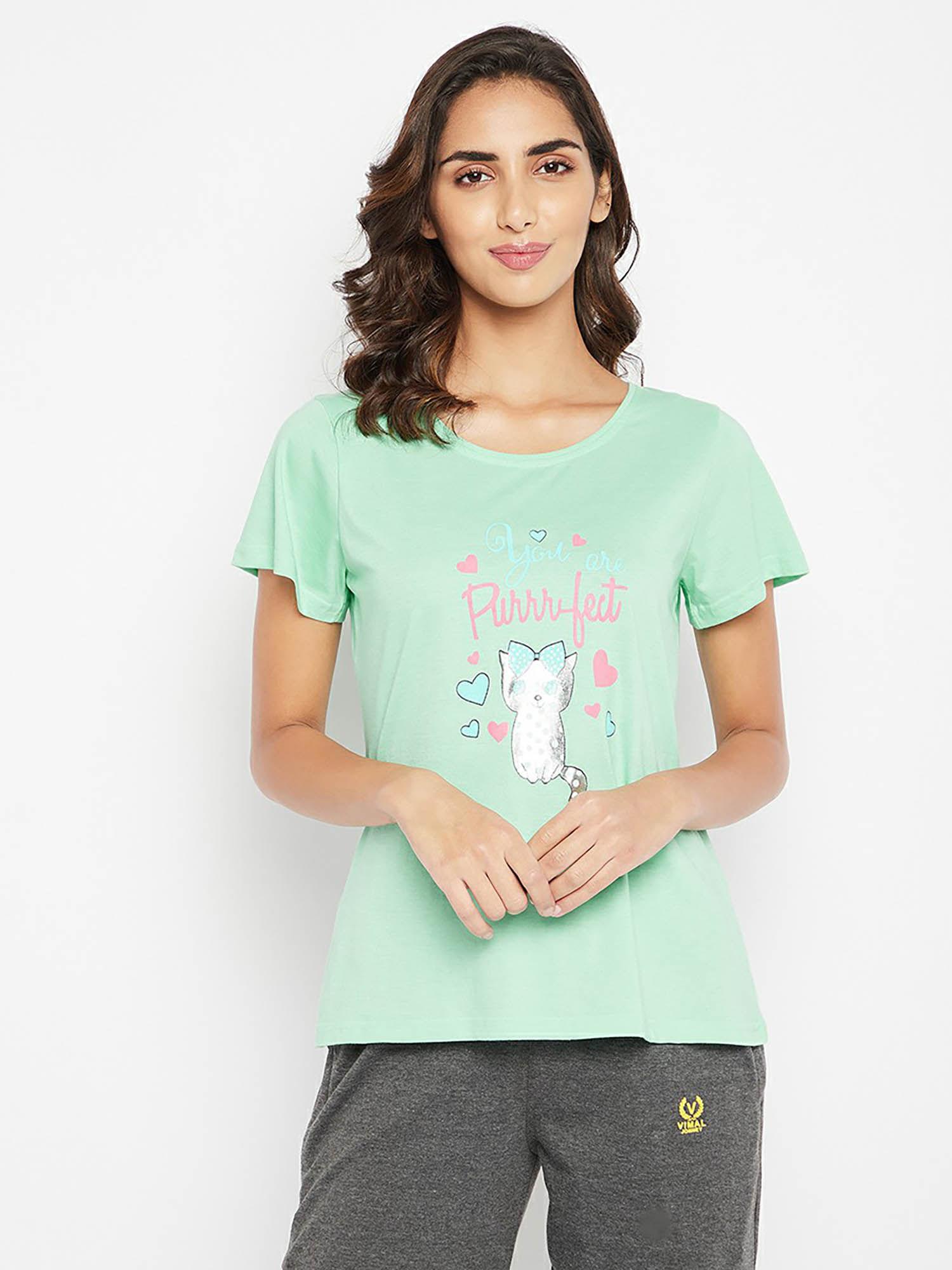 graphic & text print top in sky blue - 100 percent cotton