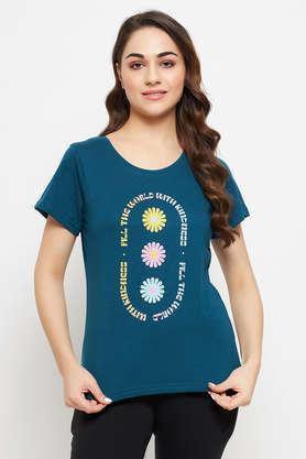 graphic & text print top in teal blue - cotton - teal