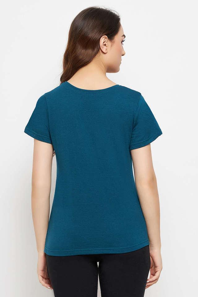 graphic _ text print top in teal blue - cotton