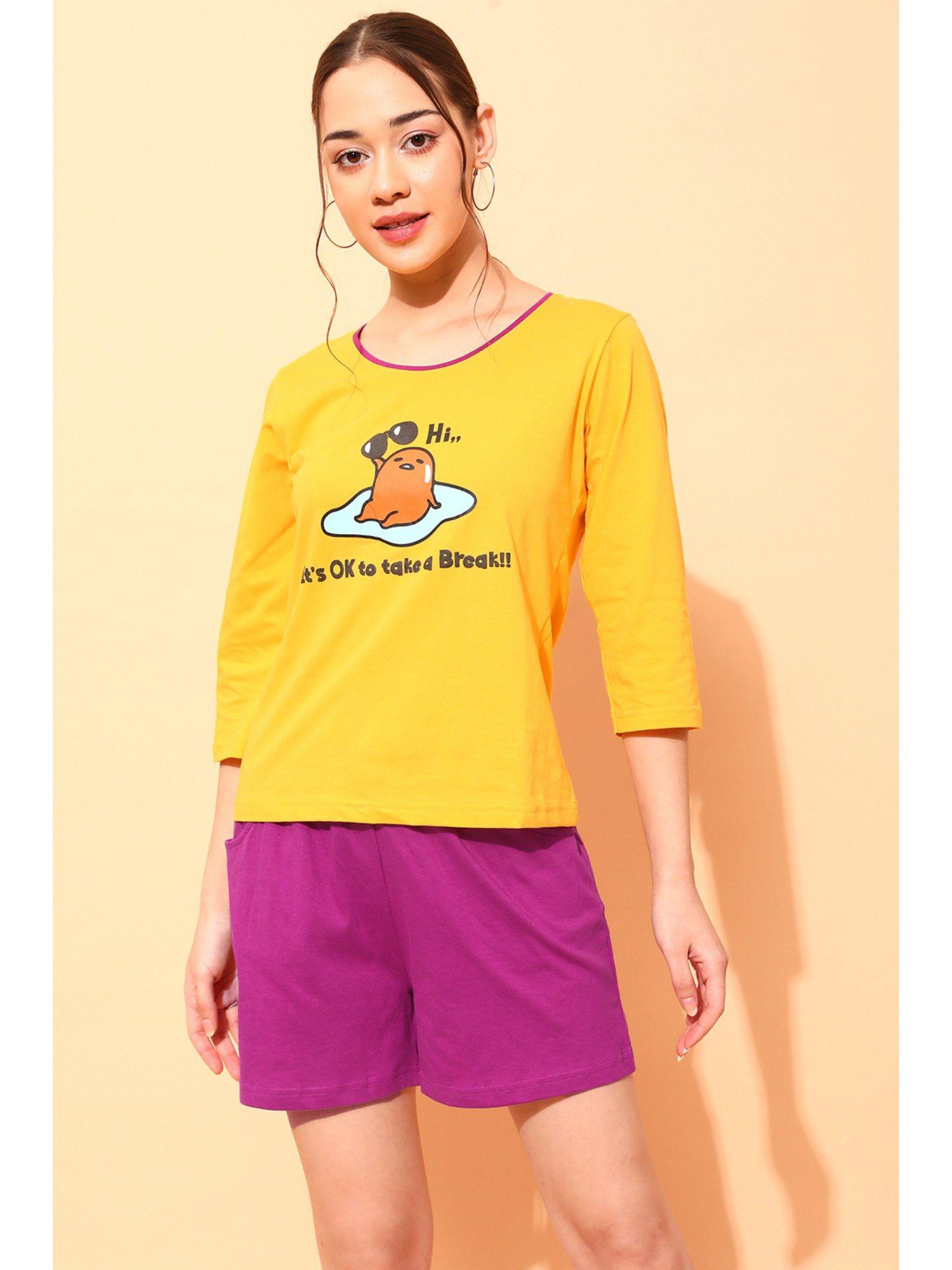 graphic and text print top & chic basic shorts - cotton -yellow