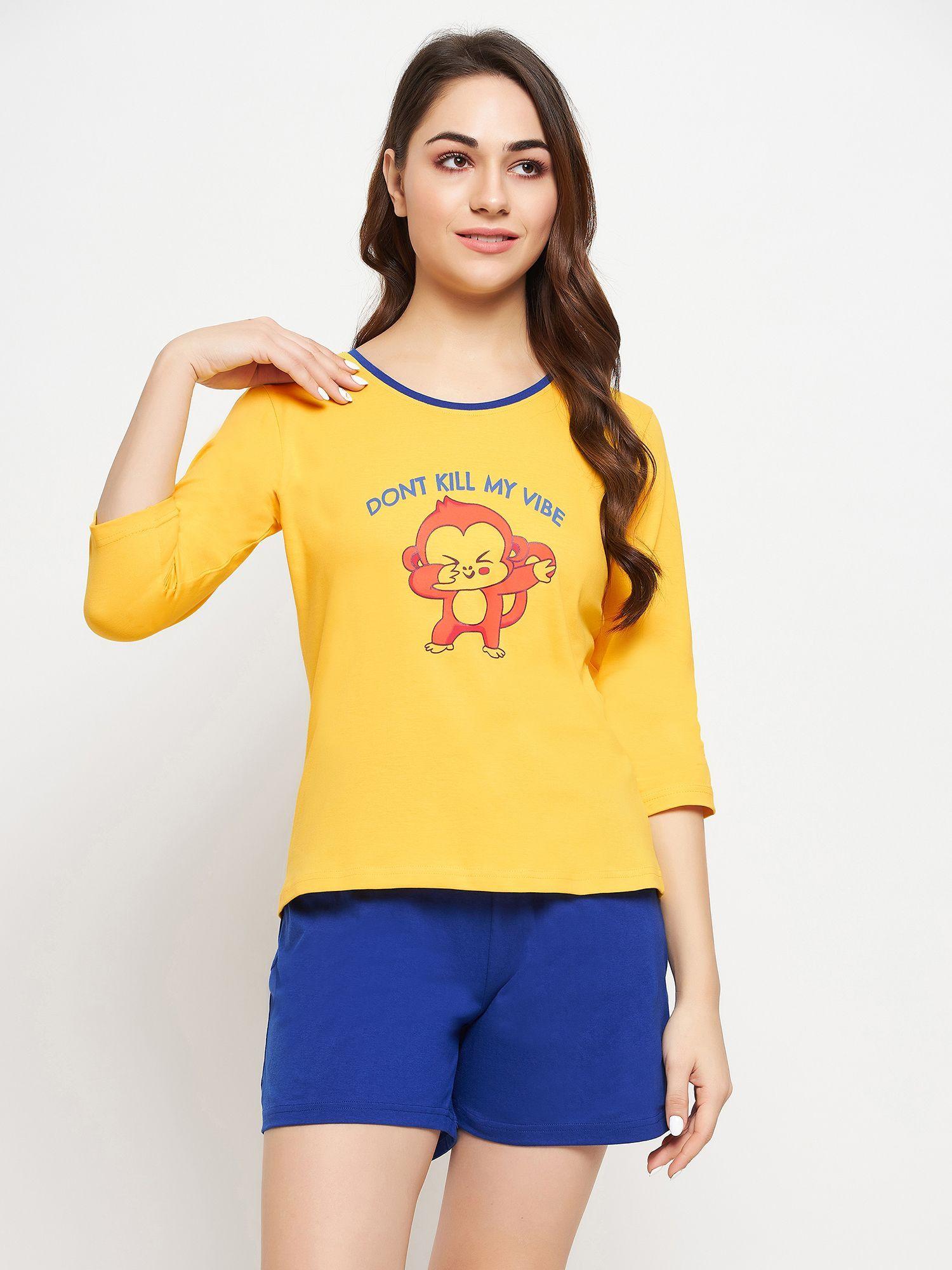 graphic and text print top & chic basic shorts - cotton -yellow