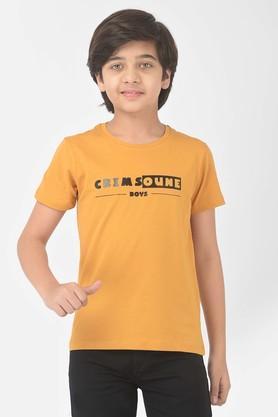 graphic cotton blend round neck boys t-shirt - mustard