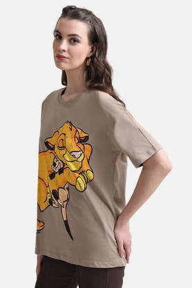 graphic cotton blend round neck women's t-shirt - brown
