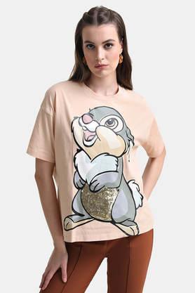 graphic cotton blend round neck women's t-shirt - peach