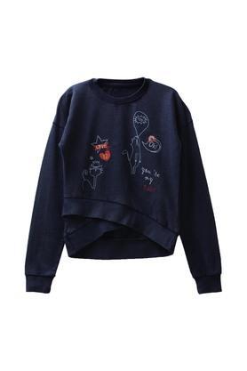 graphic cotton hood girls sweatshirt - navy