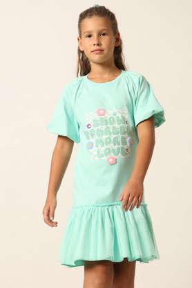 graphic cotton regular fit girls dress - green