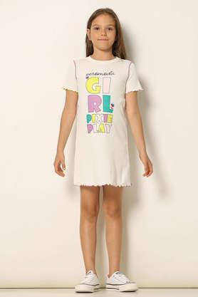 graphic cotton regular fit girls dress - grey