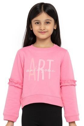 graphic cotton round neck girls sweatshirt - pink