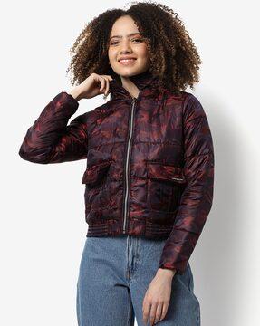 graphic full sleeve bomber jacket with zip closure