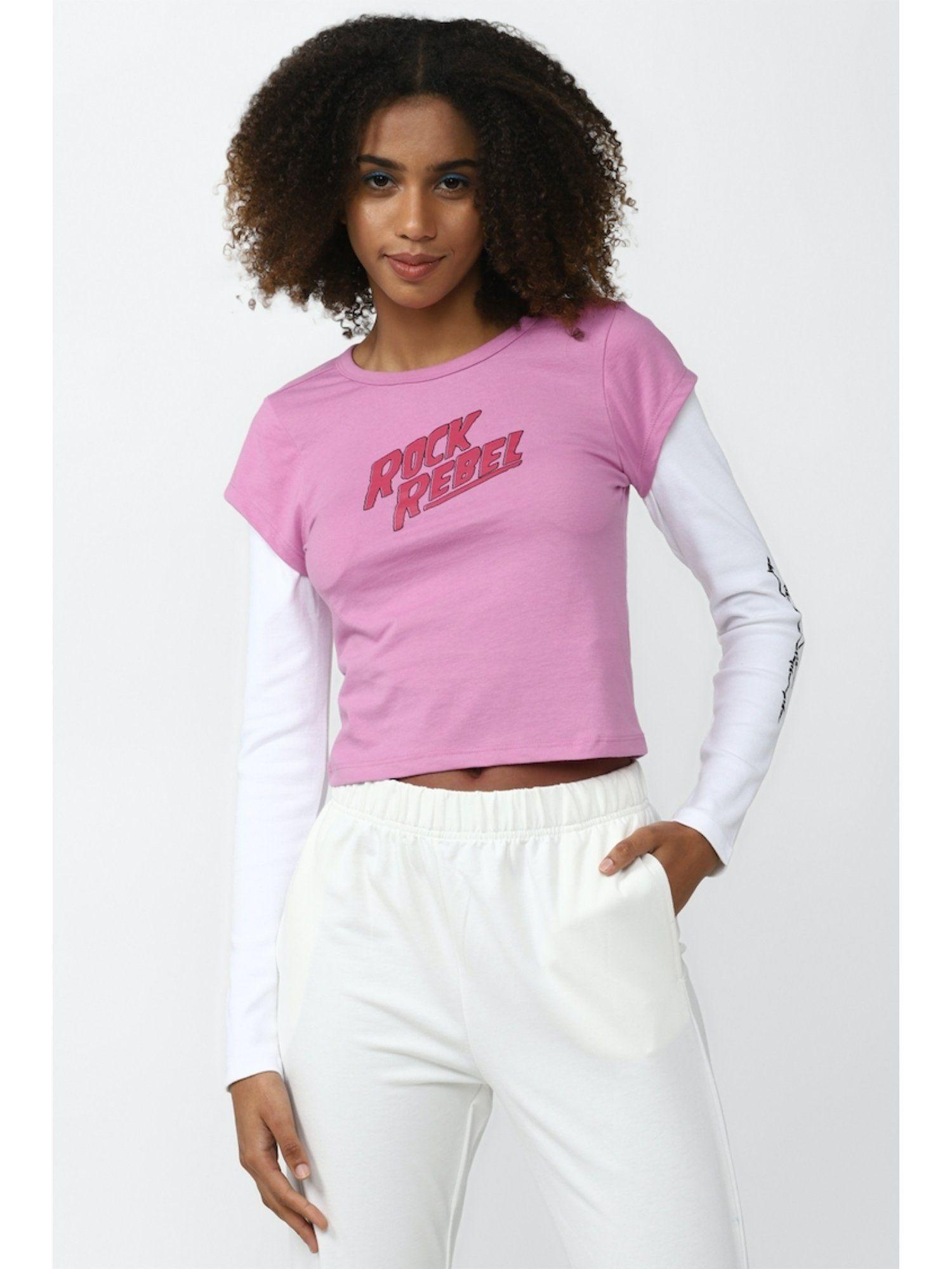 graphic pink crop t shirt with long sleeves