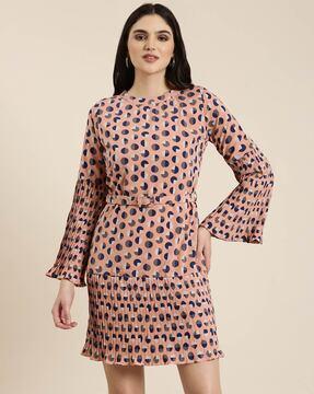 graphic print  a-line dress with waist belt