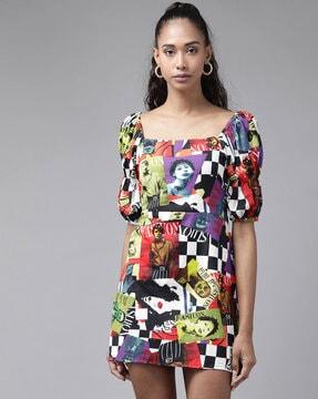 graphic print a-line dress with puff sleeves