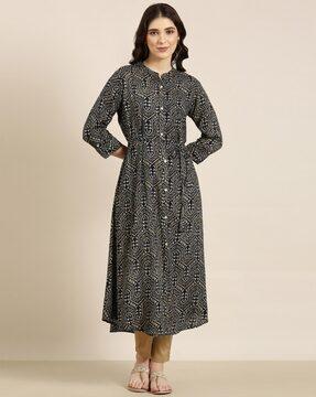 graphic print a-line kurta with tie-up