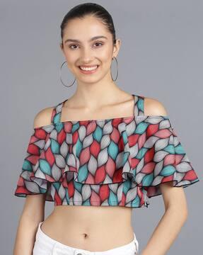 graphic print blouse top with ruffle detail