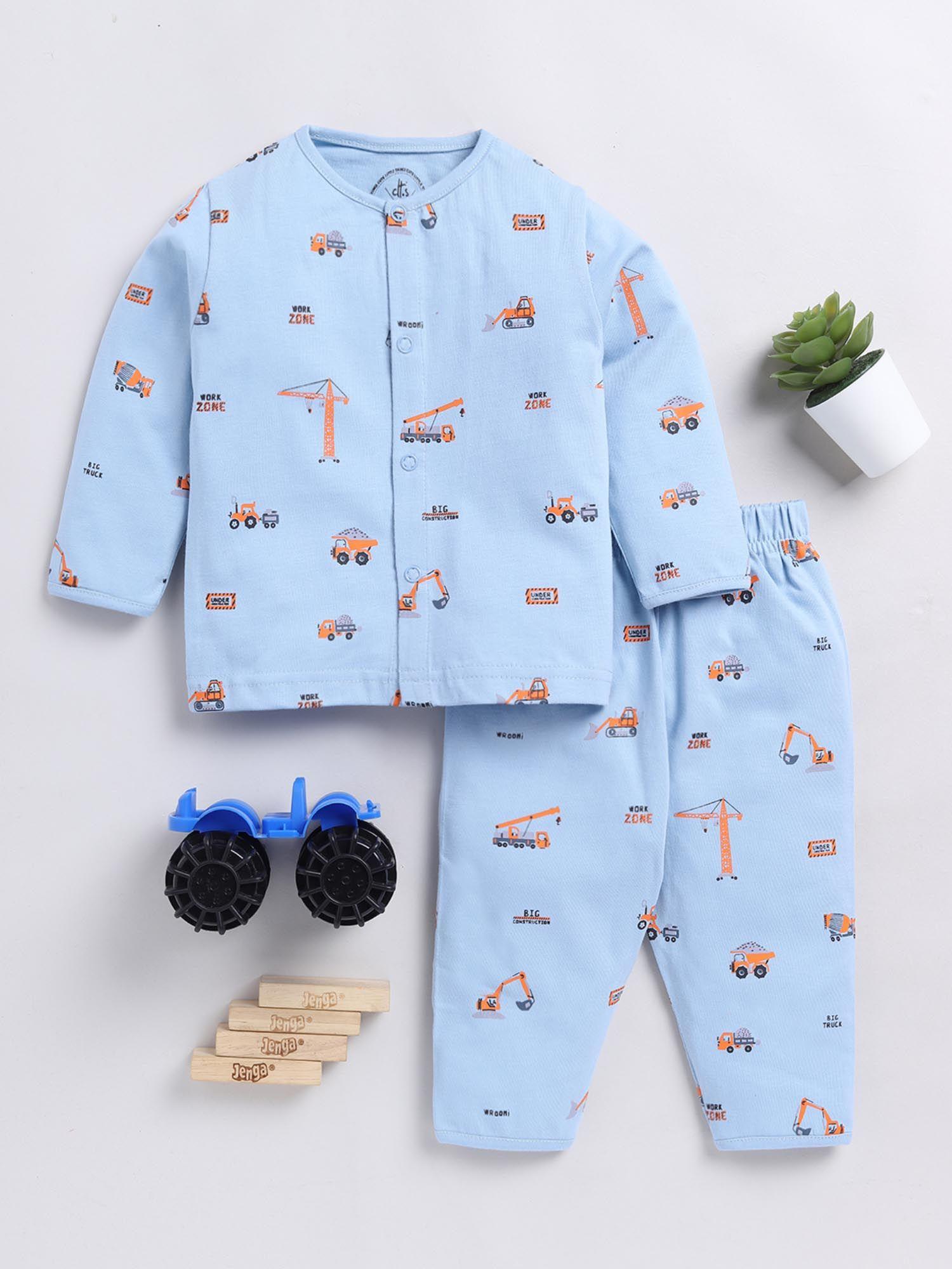 graphic print blue full sleeve night suit (set of 2)