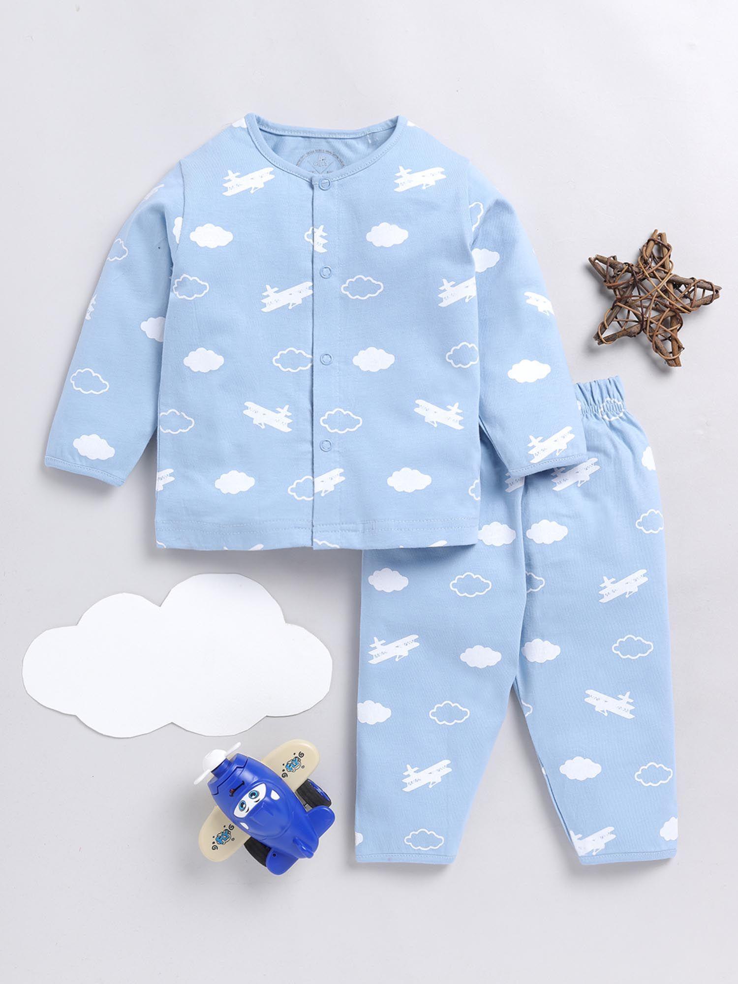 graphic print blue full sleeve night suit (set of 2)