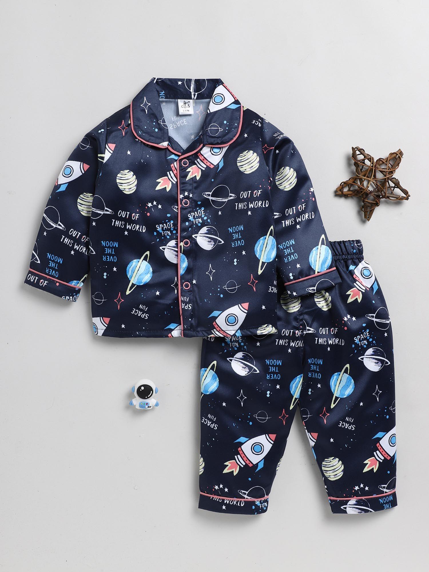 graphic print blue full sleeve night suit (set of 2)