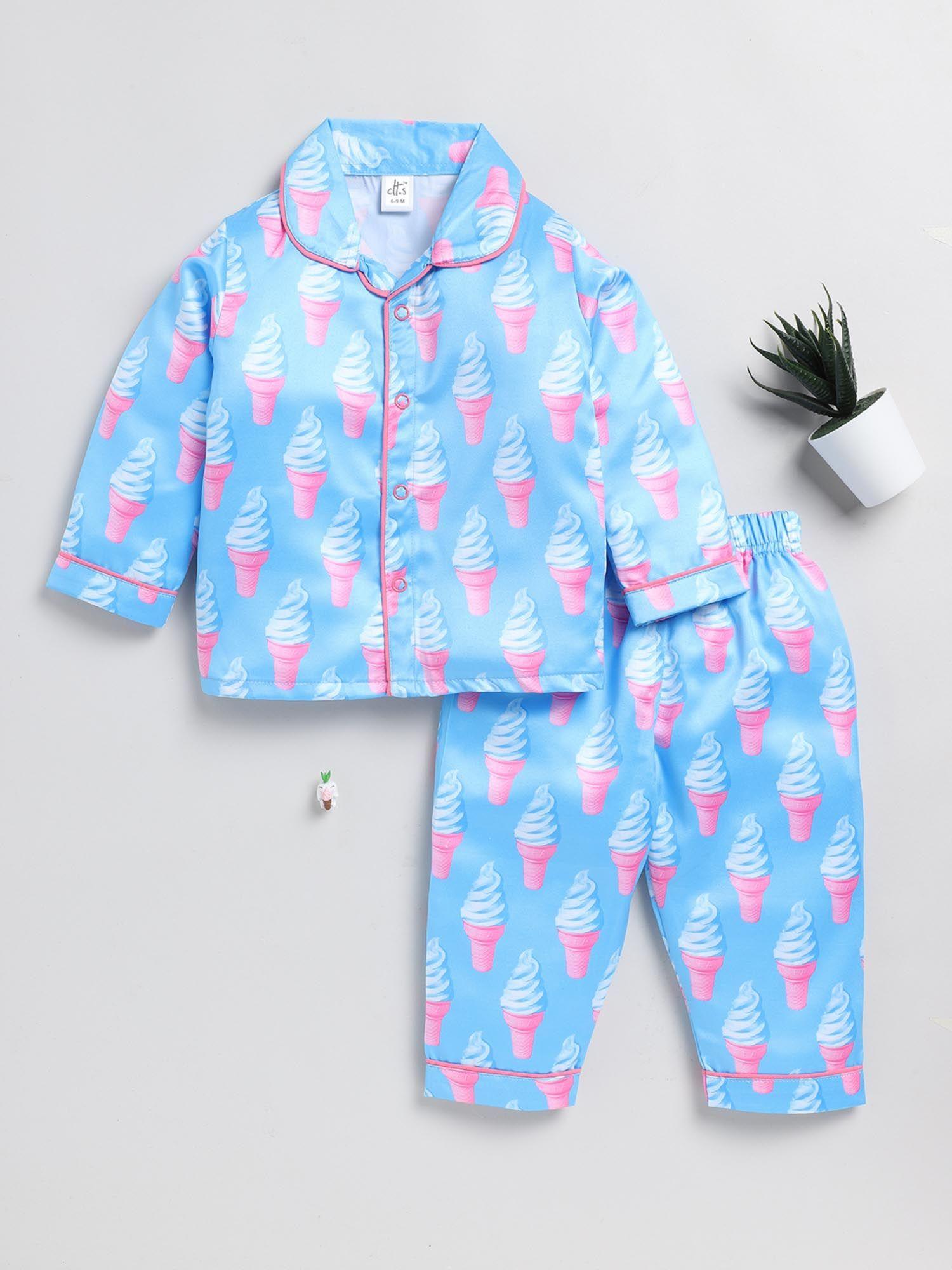 graphic print blue full sleeve night suit (set of 2)