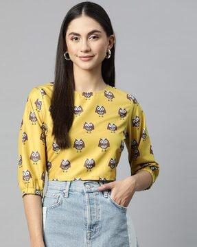 graphic print boat-neck crop top