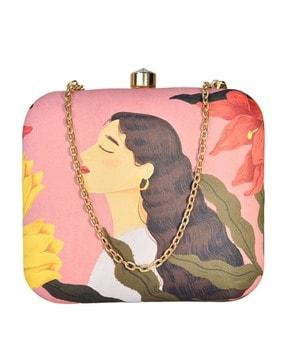 graphic print clutch with chain
