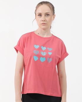 graphic print cotton blend round neck women's t-shirt - peach