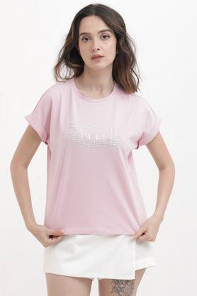 graphic print cotton blend round neck women's t-shirt - pink