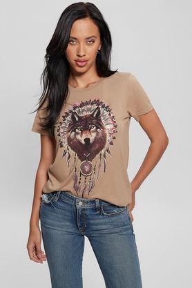 graphic print cotton blend round neck women's t-shirt - sand