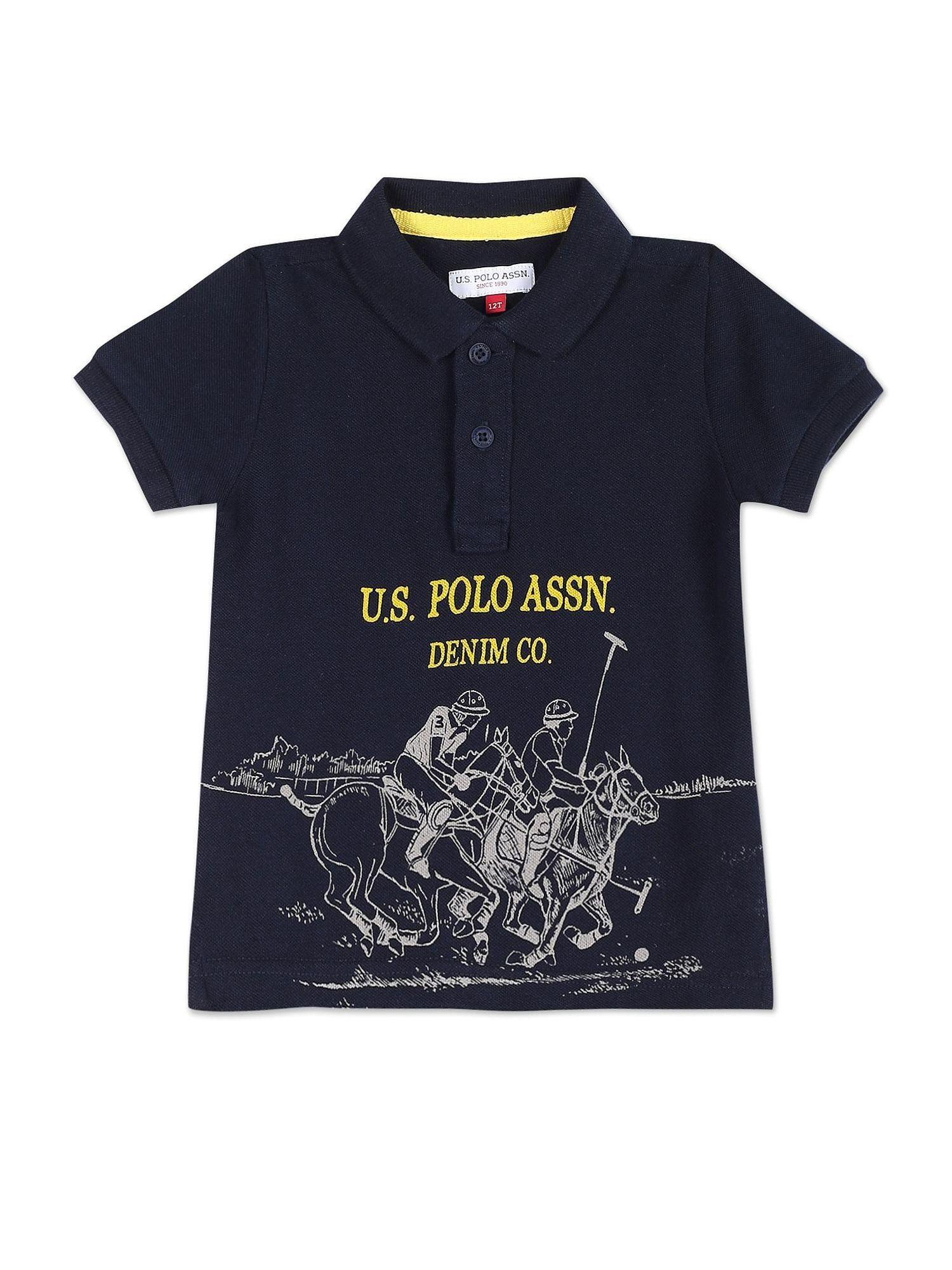 graphic print cotton polo t-shirt navy blue