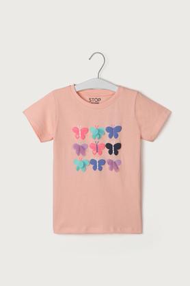 graphic print cotton regular fit girls top - peach