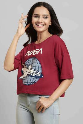 graphic print cotton regular fit women's t-shirt - maroon