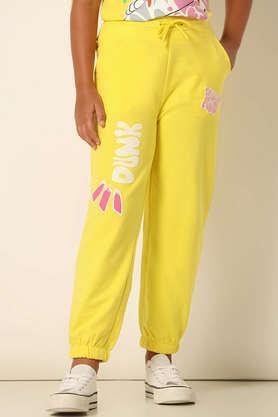 graphic print cotton relaxed fit girls trousers - yellow