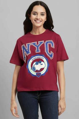 graphic print cotton relaxed fit women's t-shirt - maroon