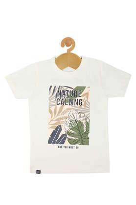 graphic print cotton round neck boys t-shirt - cream