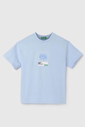 graphic print cotton round neck boys t-shirt - light blue