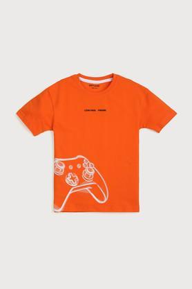 graphic print cotton round neck boys t-shirt - orange