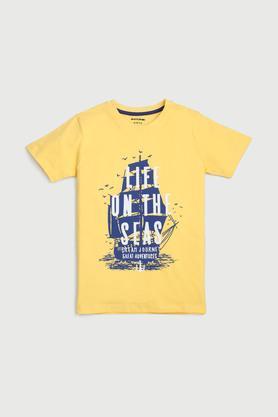 graphic print cotton round neck boys t-shirt - yellow
