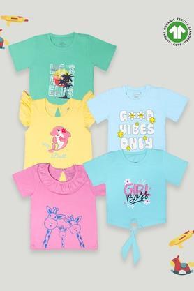 graphic print cotton round neck girls t-shirt - pack of 5 - multi
