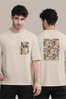 graphic print cotton round neck men's t-shirt - cream