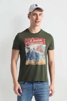 graphic print cotton round neck men's t-shirt - green