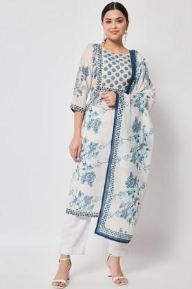 graphic print cotton round neck women's kurta set - multi