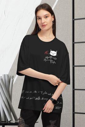 graphic print cotton round neck women's t-shirt - black