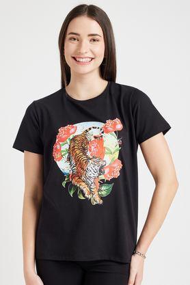 graphic print cotton round neck women's t-shirt - black