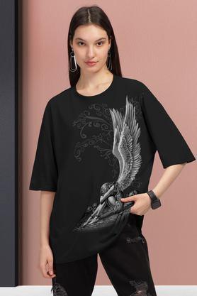 graphic print cotton round neck women's t-shirt - black