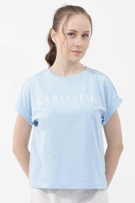 graphic print cotton round neck women's t-shirt - blue