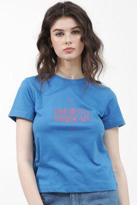 graphic print cotton round neck women's t-shirt - blue